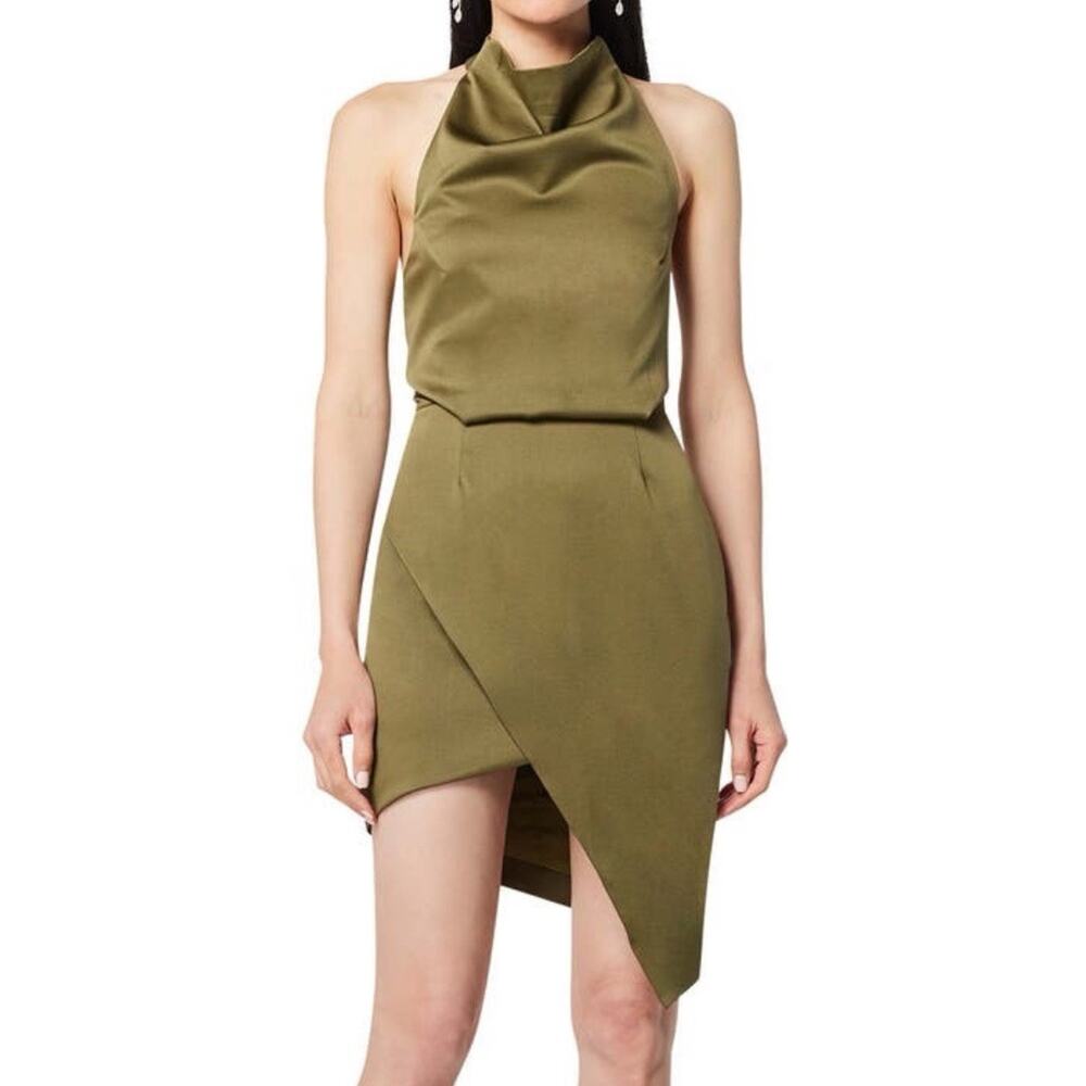 Elliatt Camo Asymmetric Satin Cocktail Dress Size XS Green Drape Blouson